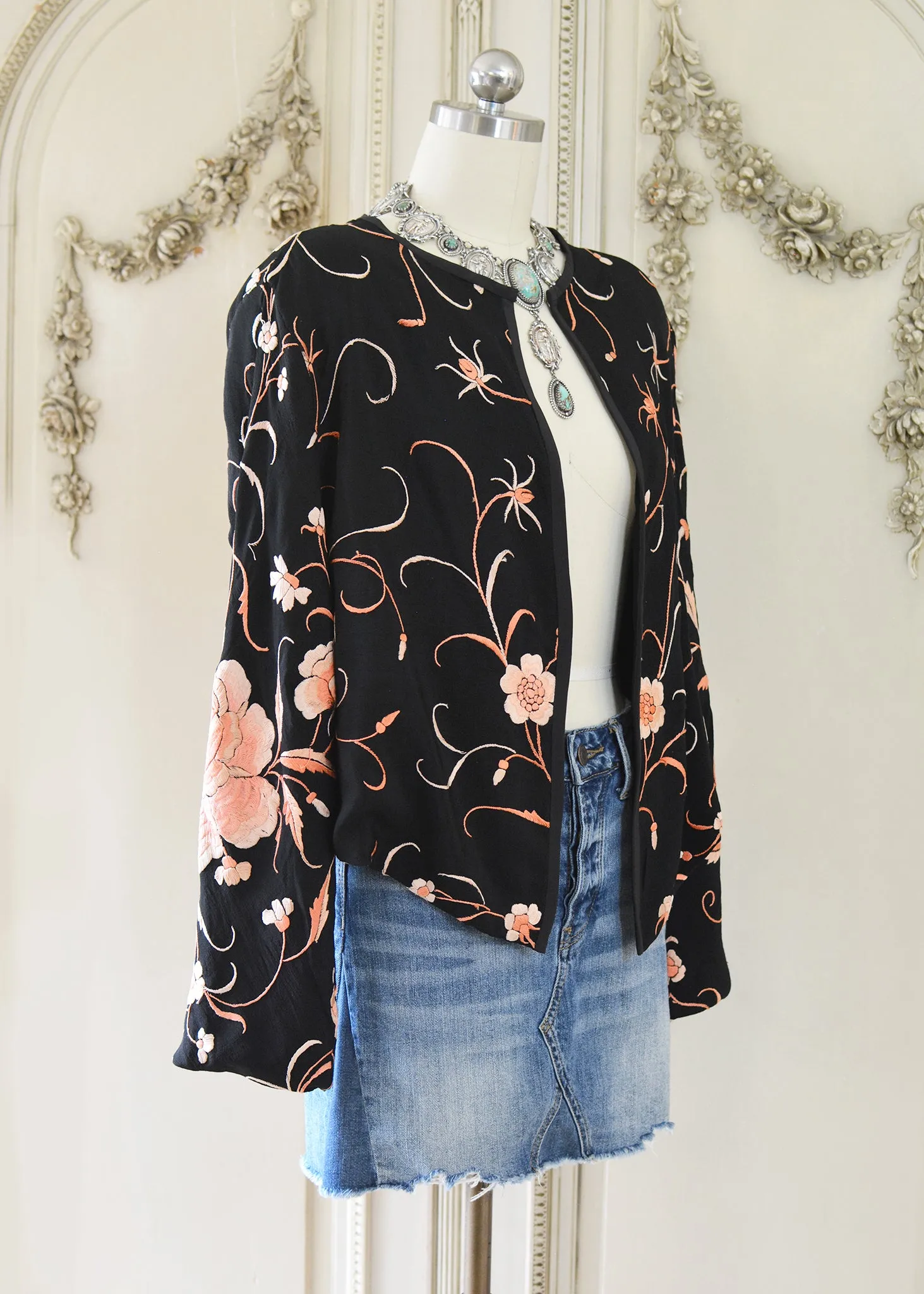 Katrine Antique Hand Embroidered Black & Persimmon Silk Crepe Jacket