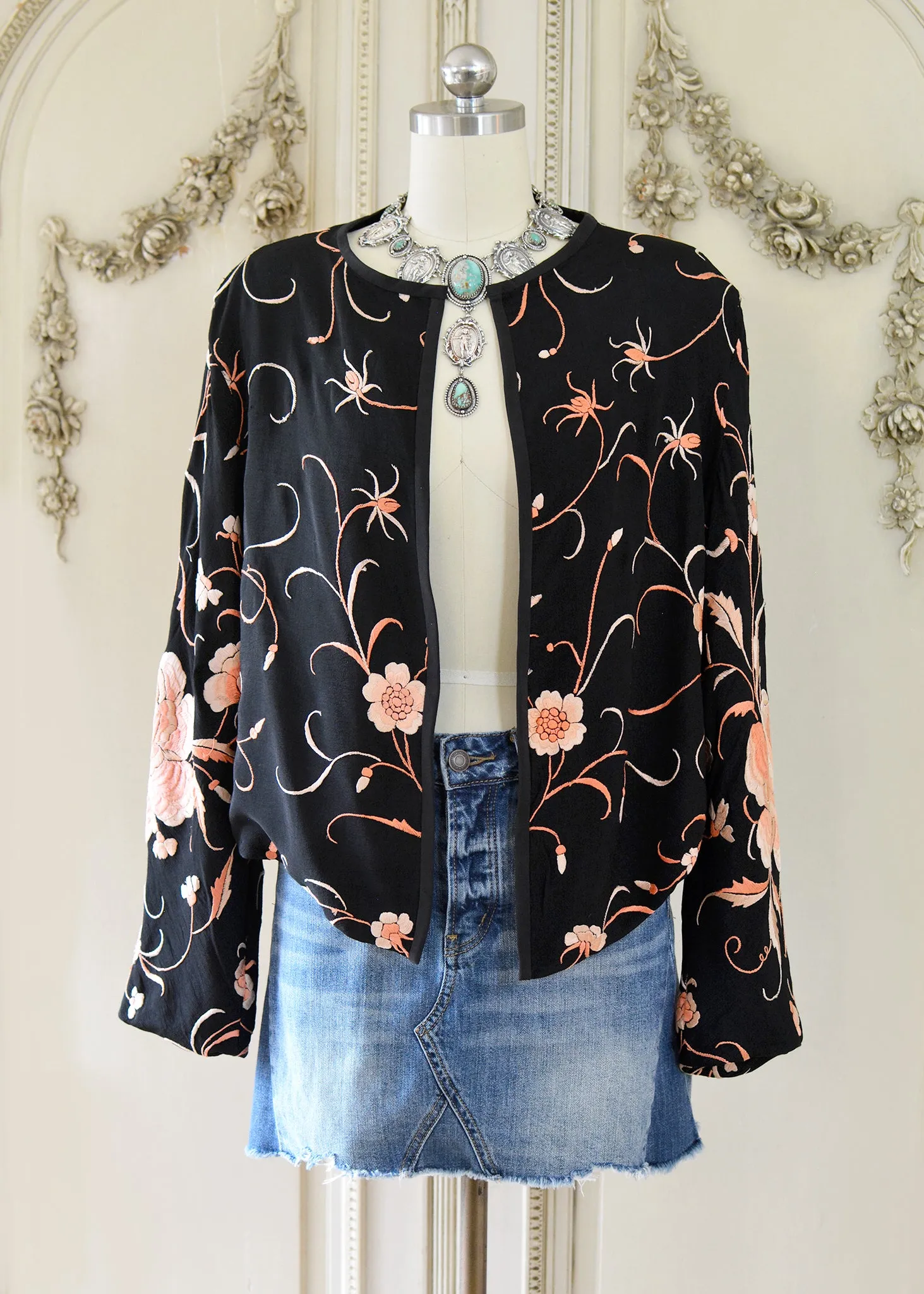 Katrine Antique Hand Embroidered Black & Persimmon Silk Crepe Jacket