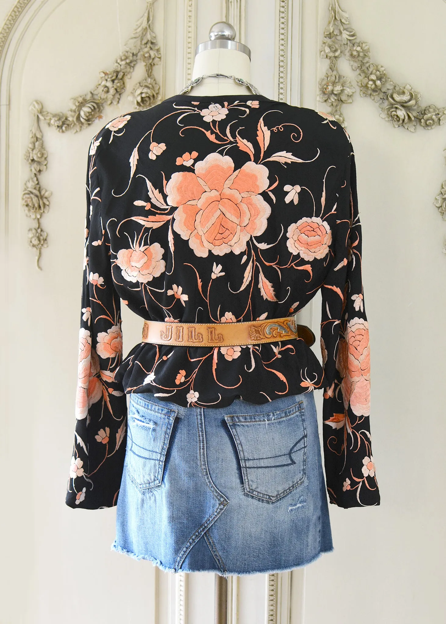 Katrine Antique Hand Embroidered Black & Persimmon Silk Crepe Jacket