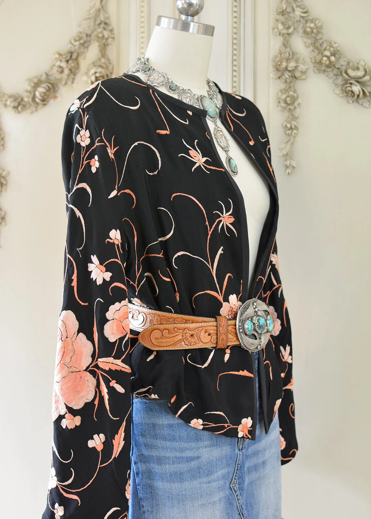 Katrine Antique Hand Embroidered Black & Persimmon Silk Crepe Jacket