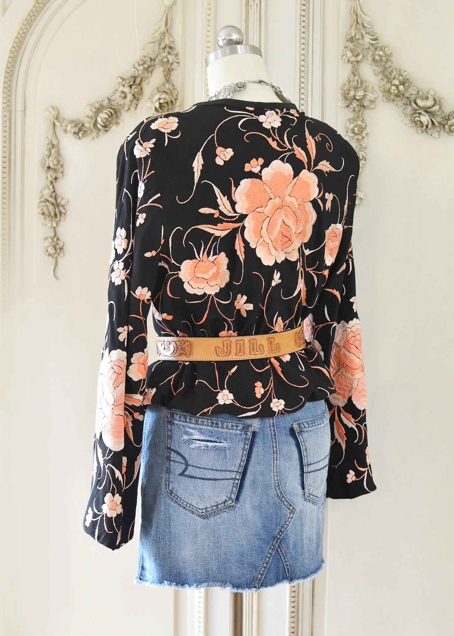 Katrine Antique Hand Embroidered Black & Persimmon Silk Crepe Jacket