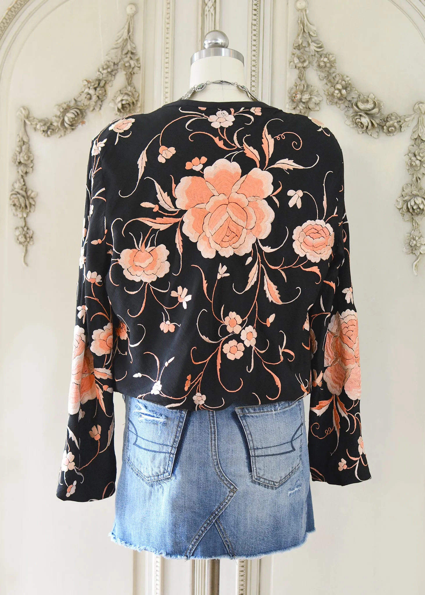 Katrine Antique Hand Embroidered Black & Persimmon Silk Crepe Jacket