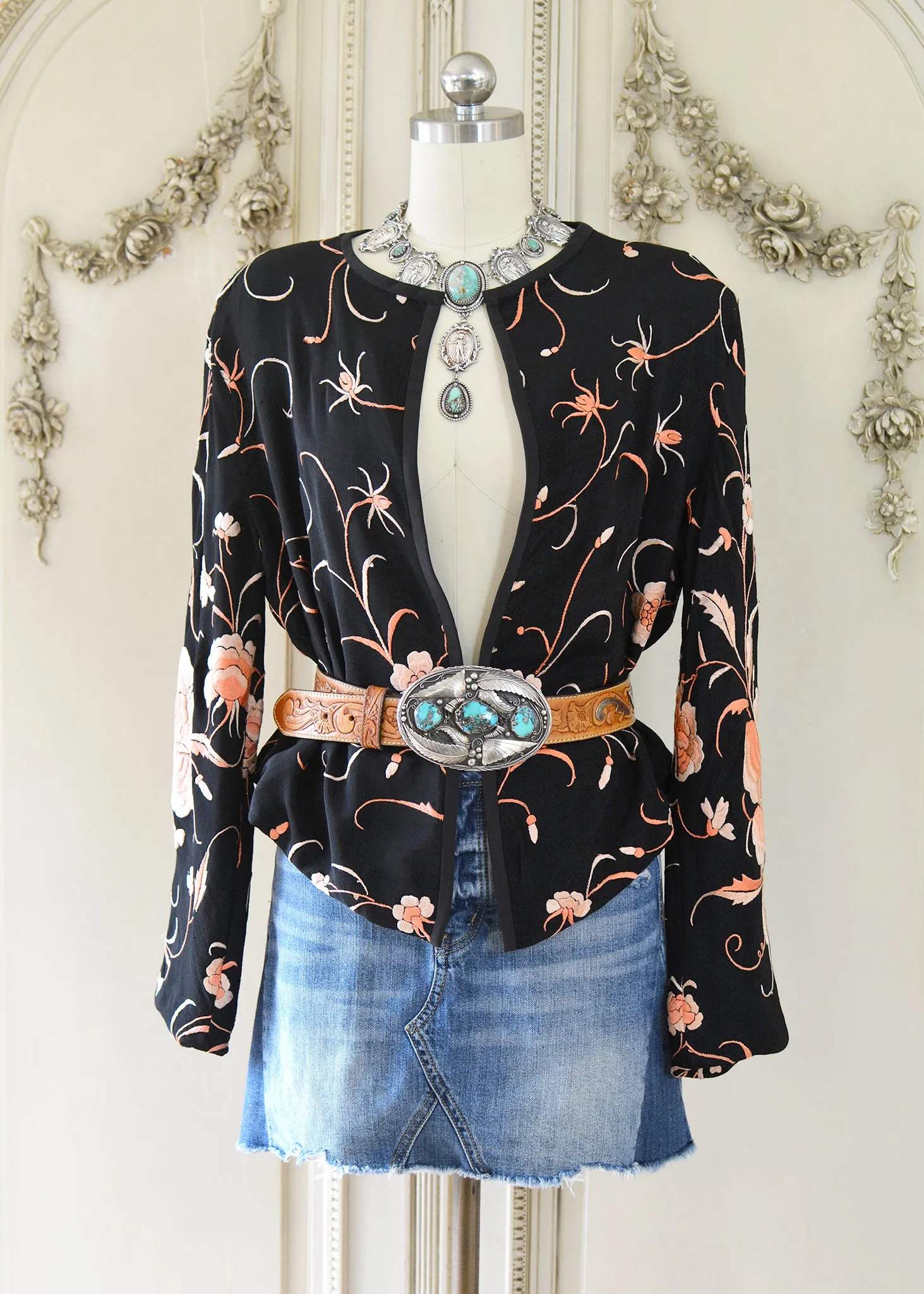 Katrine Antique Hand Embroidered Black & Persimmon Silk Crepe Jacket