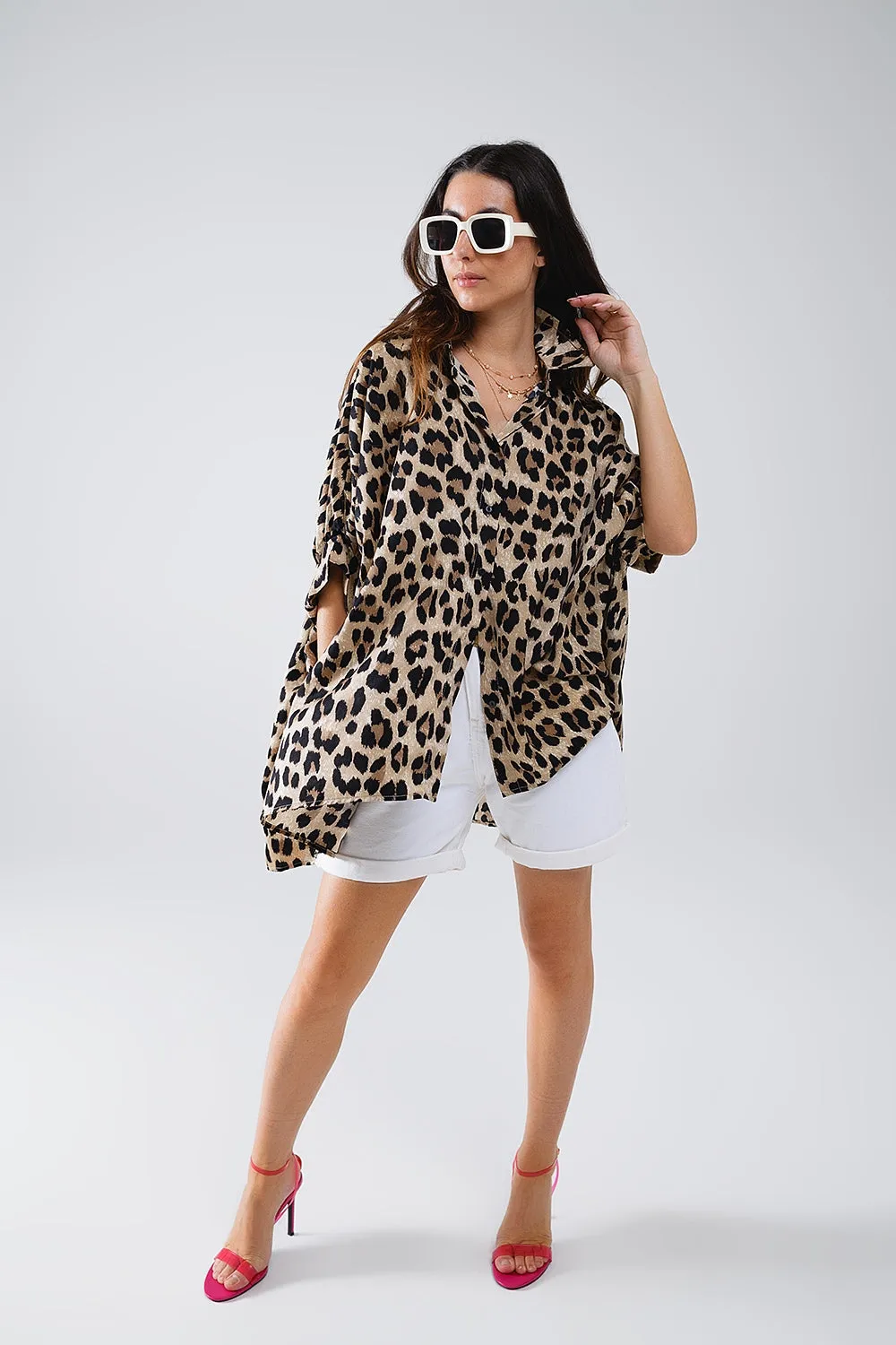 Leopard Print Oversize Shirt With 3/4 Long Sleeves