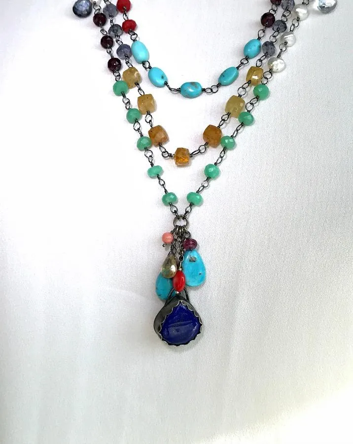 Multi-Strand Long Wire Wrap Gemstone Necklace