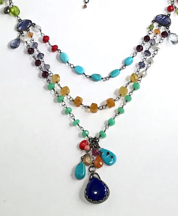 Multi-Strand Long Wire Wrap Gemstone Necklace