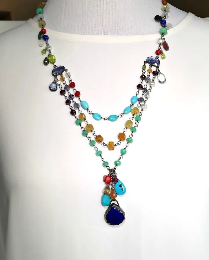 Multi-Strand Long Wire Wrap Gemstone Necklace
