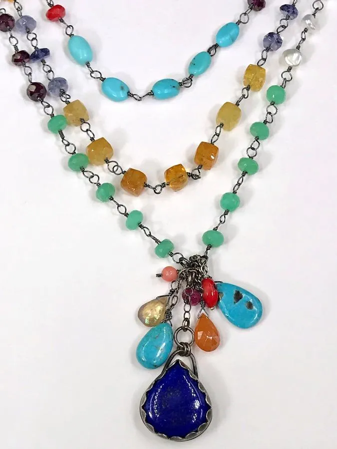 Multi-Strand Long Wire Wrap Gemstone Necklace