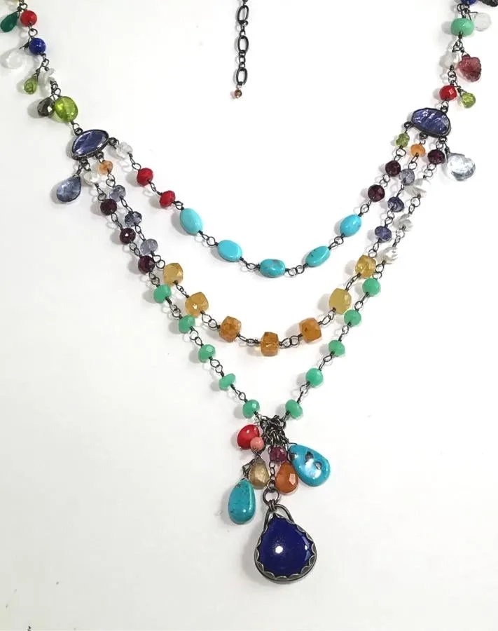 Multi-Strand Long Wire Wrap Gemstone Necklace