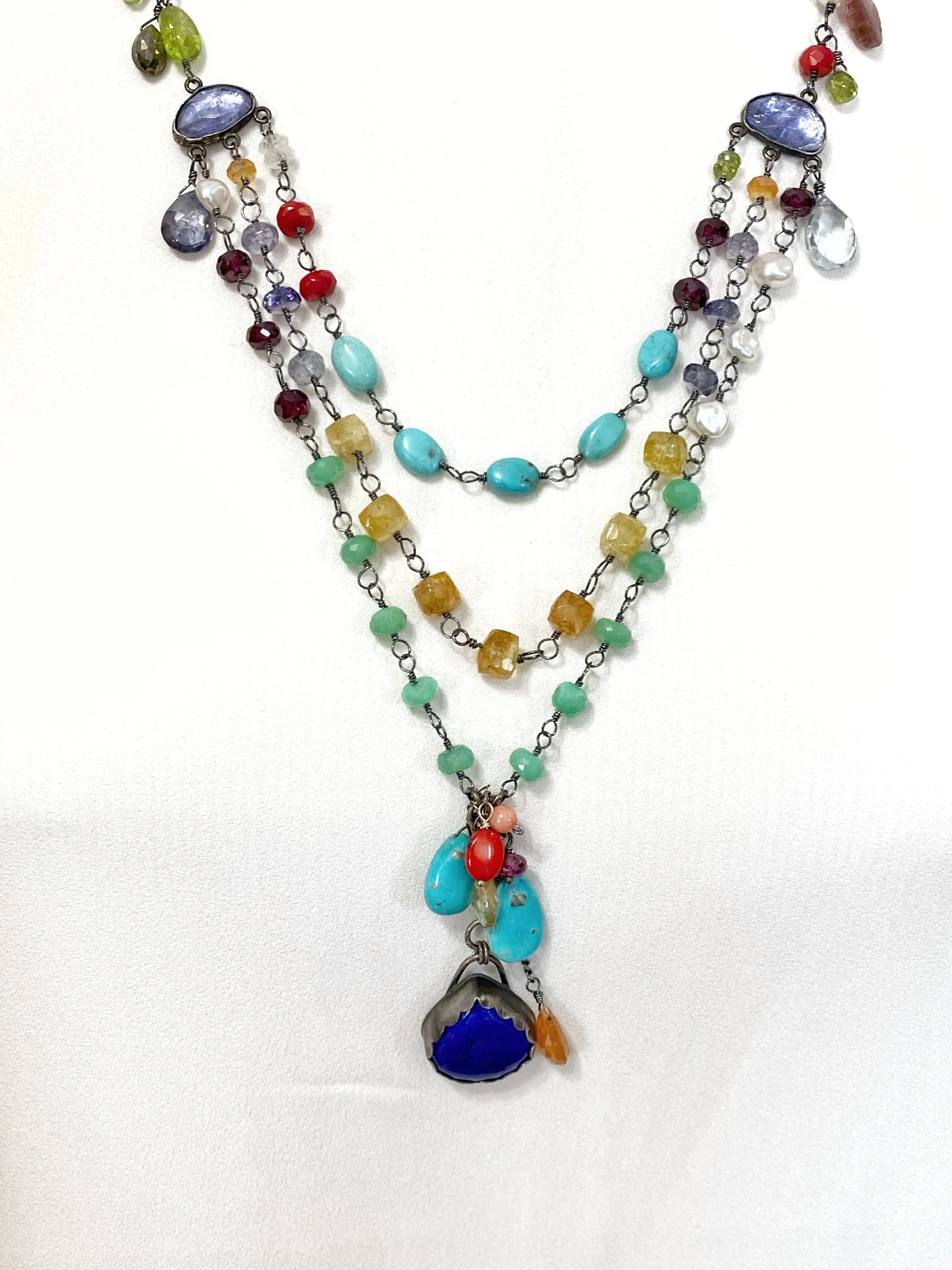 Multi-Strand Long Wire Wrap Gemstone Necklace