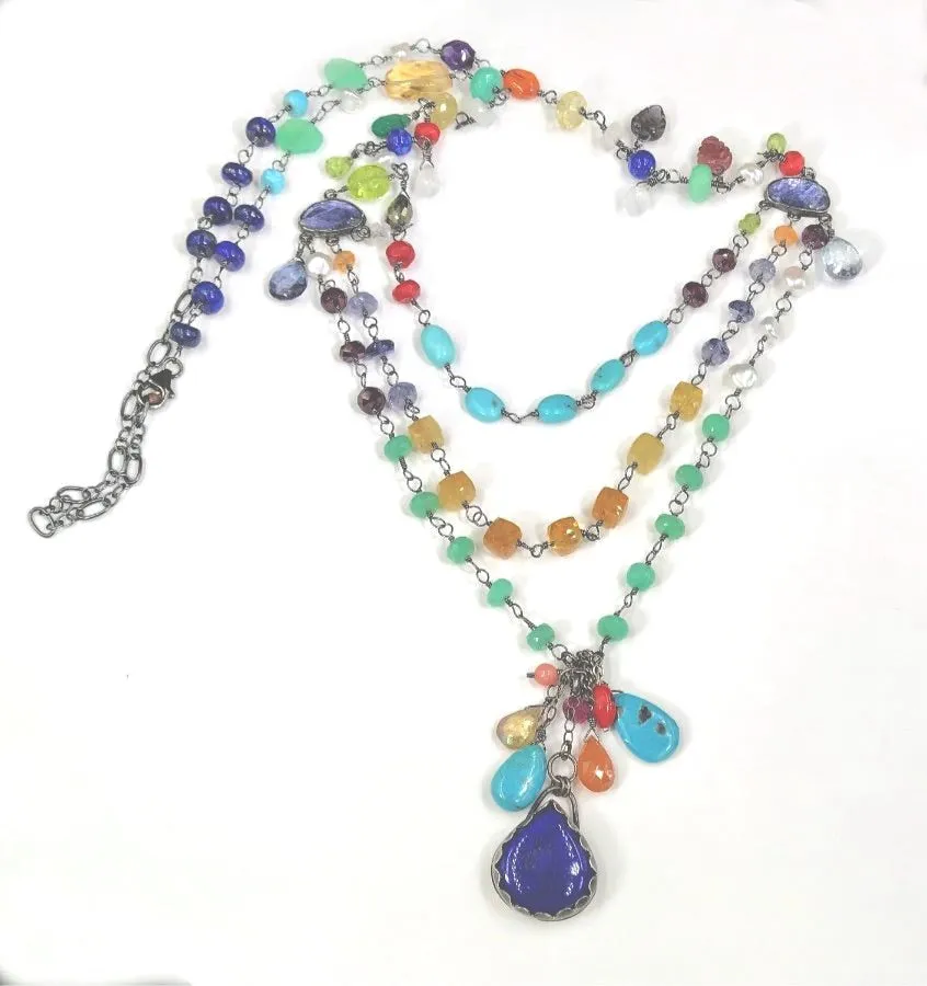 Multi-Strand Long Wire Wrap Gemstone Necklace