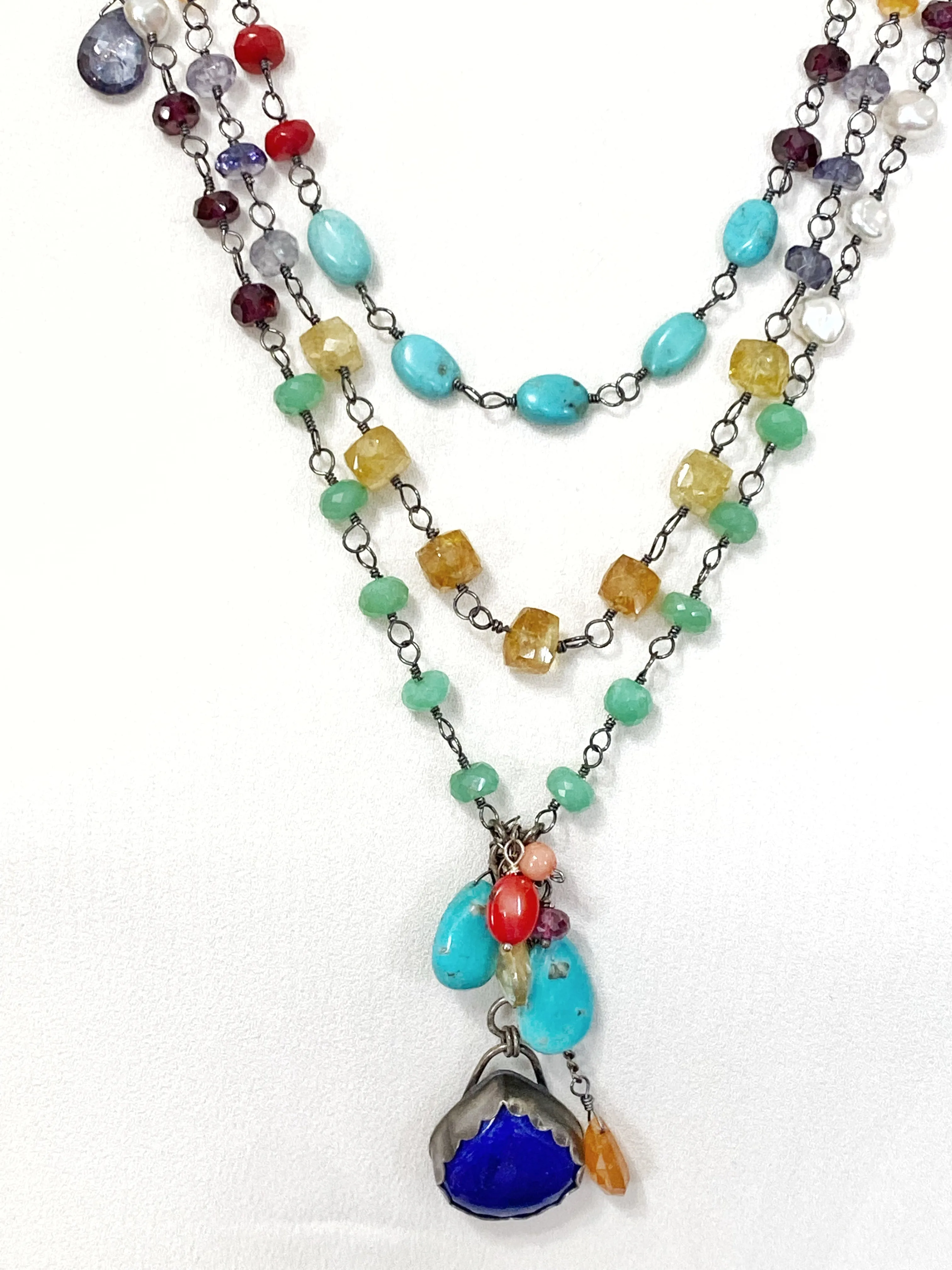 Multi-Strand Long Wire Wrap Gemstone Necklace