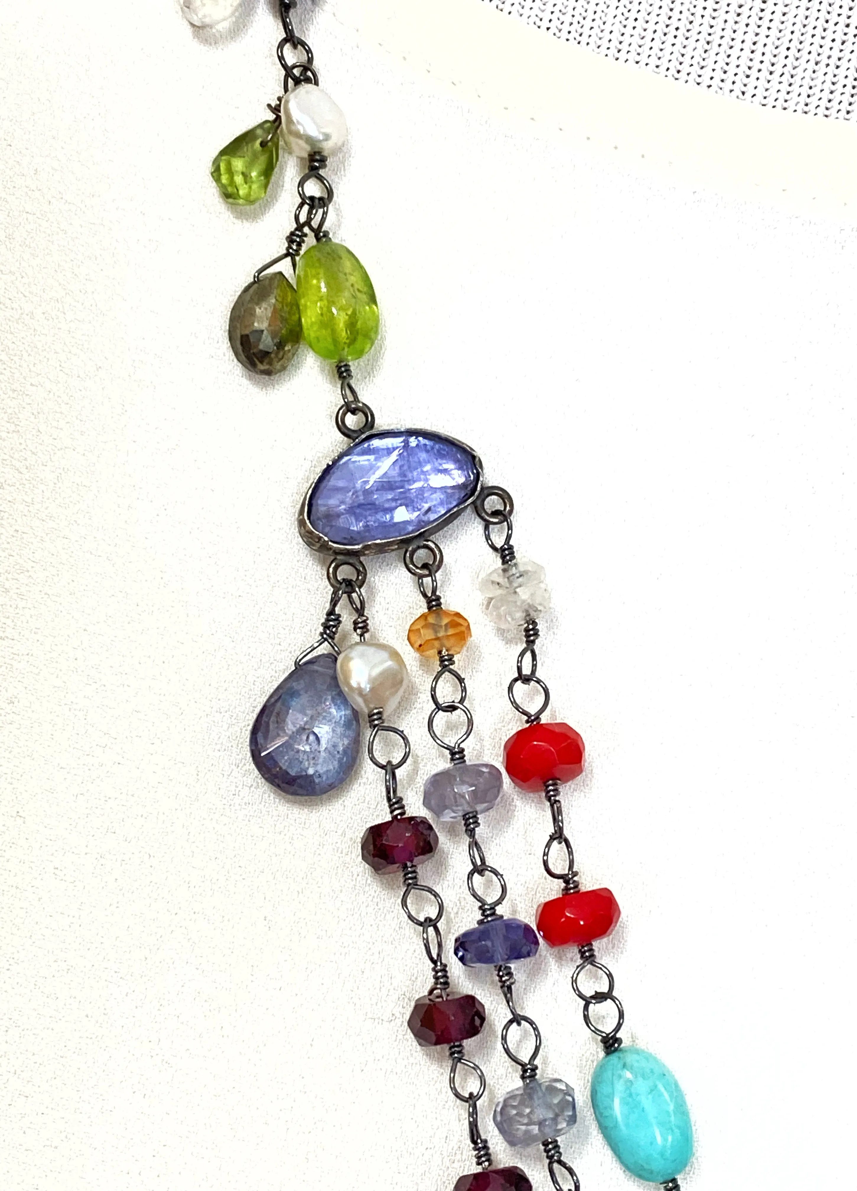 Multi-Strand Long Wire Wrap Gemstone Necklace