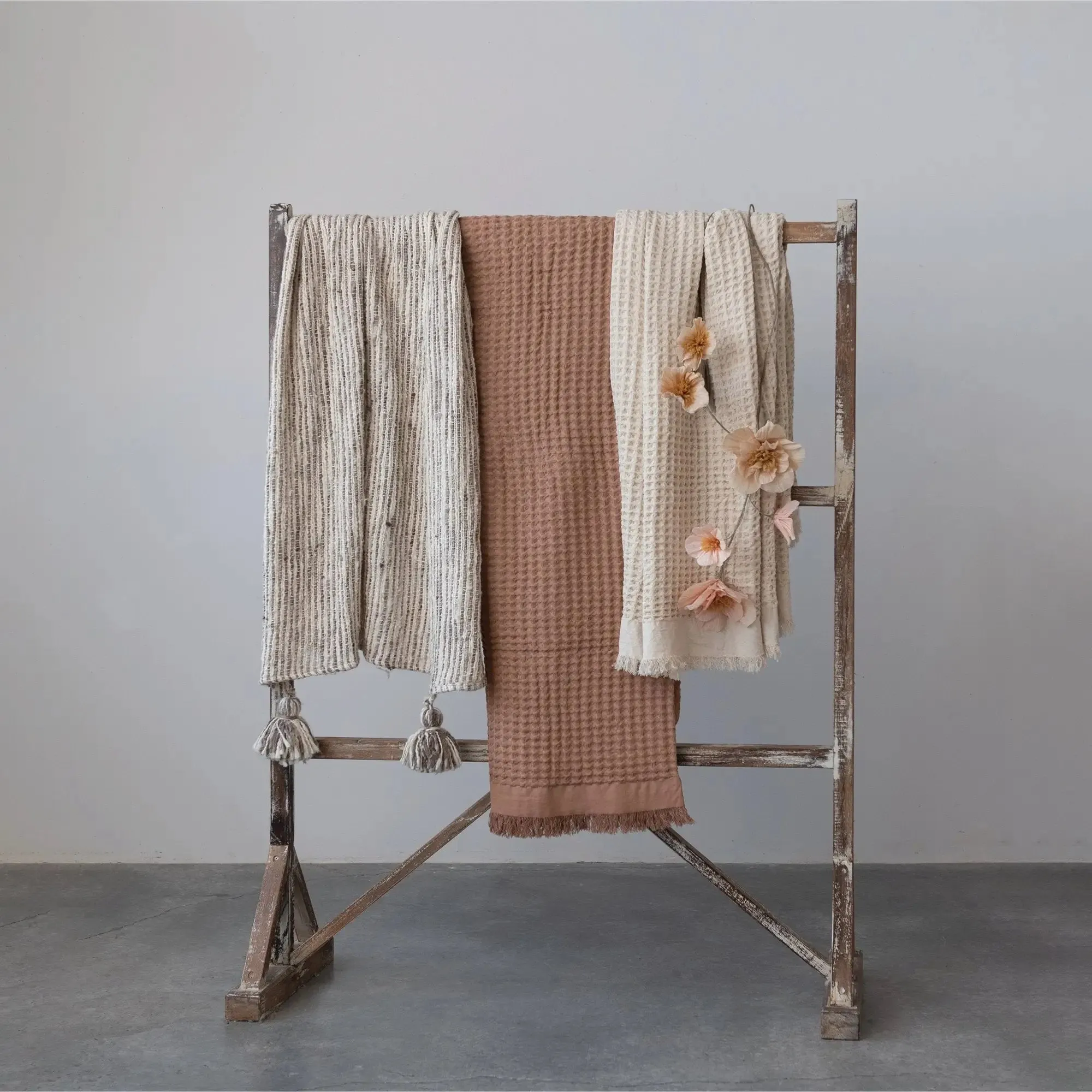 NATURAL COTTON WAFFLE WEAVE BOHEMIAN BLANKET WITH FRINGE
