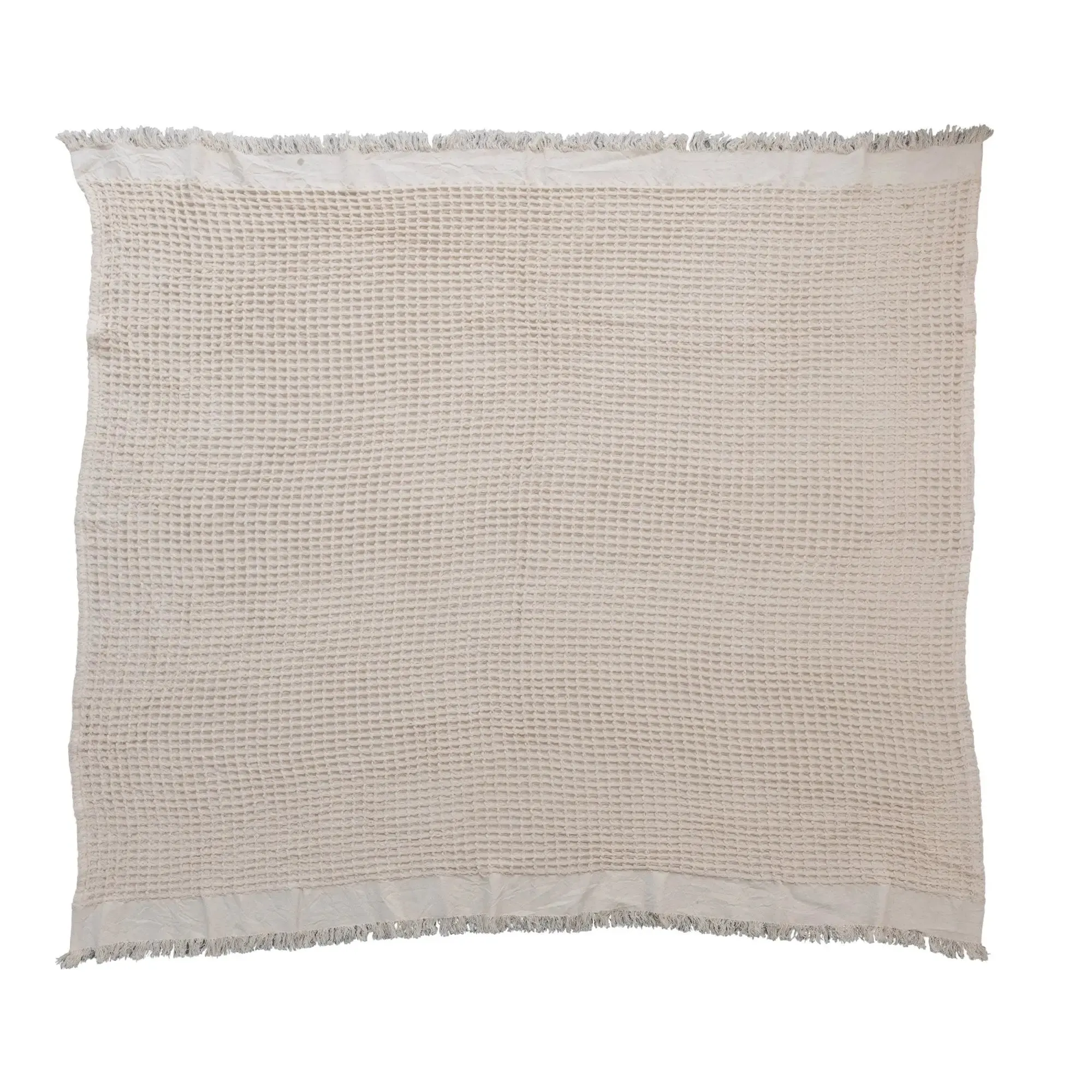 NATURAL COTTON WAFFLE WEAVE BOHEMIAN BLANKET WITH FRINGE