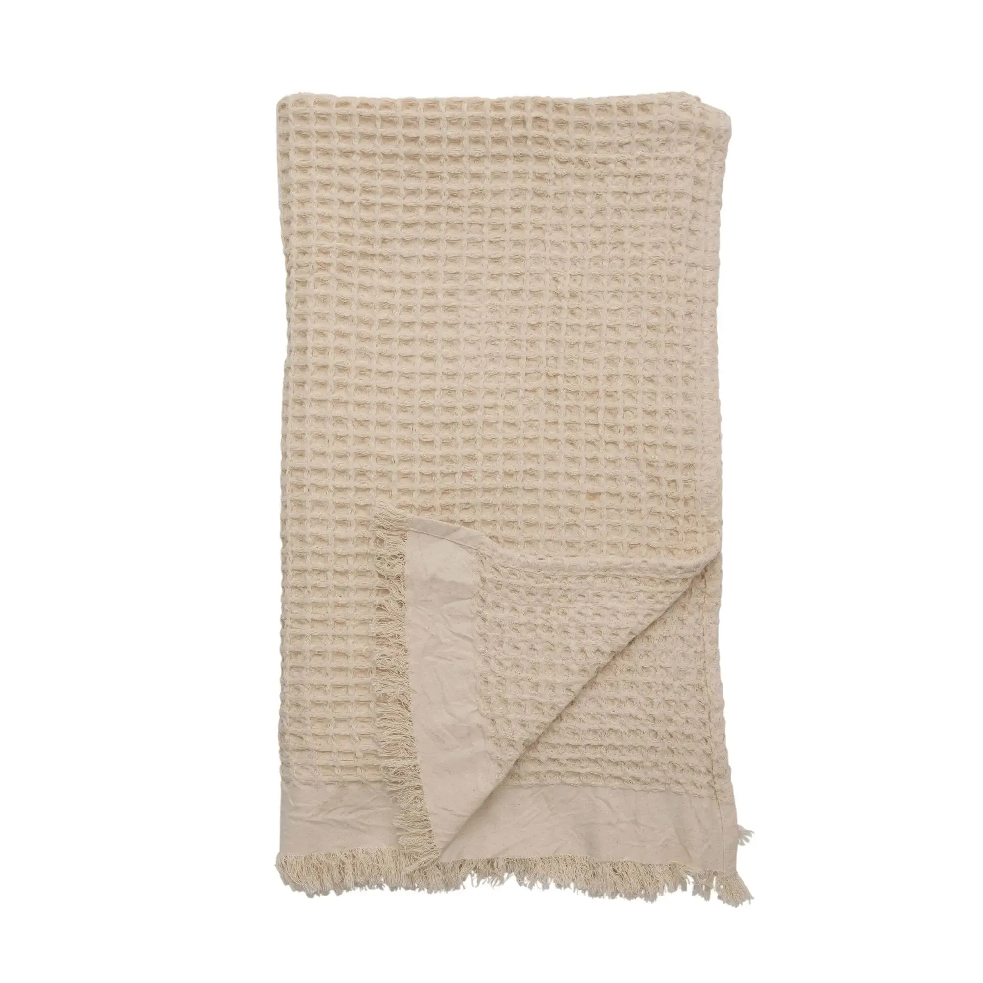 NATURAL COTTON WAFFLE WEAVE BOHEMIAN BLANKET WITH FRINGE
