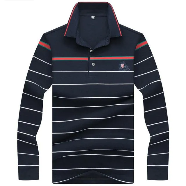New Casual Men's Solid Striped Shirts Cotton 3D Embroidery Long sleeve Polos Mens Slim Fit Business Turn-down Polo Shirt Male