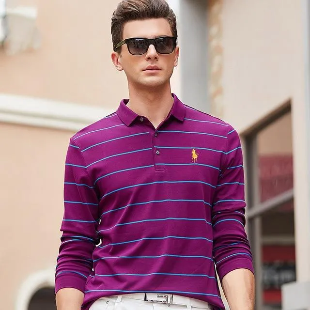 New Casual Men's Solid Striped Shirts Cotton 3D Embroidery Long sleeve Polos Mens Slim Fit Business Turn-down Polo Shirt Male