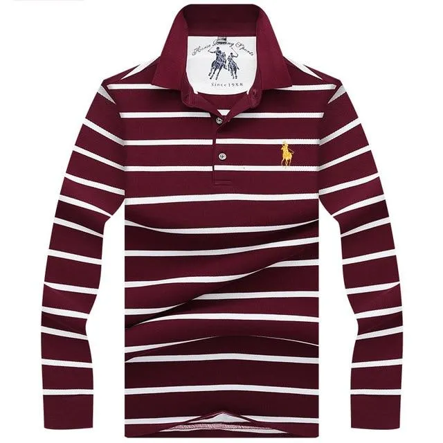 New Casual Men's Solid Striped Shirts Cotton 3D Embroidery Long sleeve Polos Mens Slim Fit Business Turn-down Polo Shirt Male