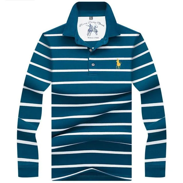 New Casual Men's Solid Striped Shirts Cotton 3D Embroidery Long sleeve Polos Mens Slim Fit Business Turn-down Polo Shirt Male