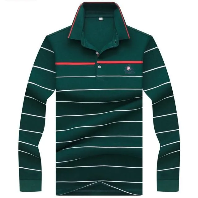 New Casual Men's Solid Striped Shirts Cotton 3D Embroidery Long sleeve Polos Mens Slim Fit Business Turn-down Polo Shirt Male