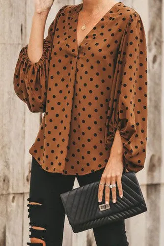 OC brown dot rusty balloon sleeve blouse