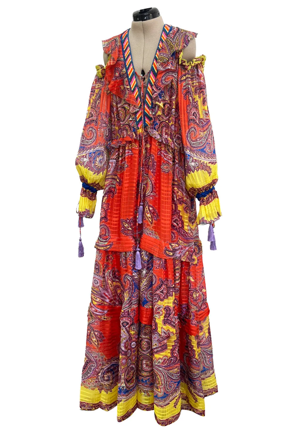 Recent Etro Gorgeous Printed Coral Ribbon Silk Chiffon Caftan Dress w Plunge Lace Up Neckline