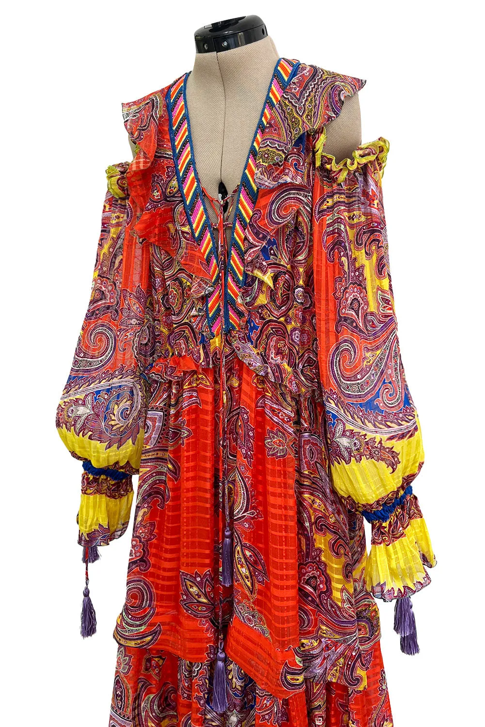 Recent Etro Gorgeous Printed Coral Ribbon Silk Chiffon Caftan Dress w Plunge Lace Up Neckline