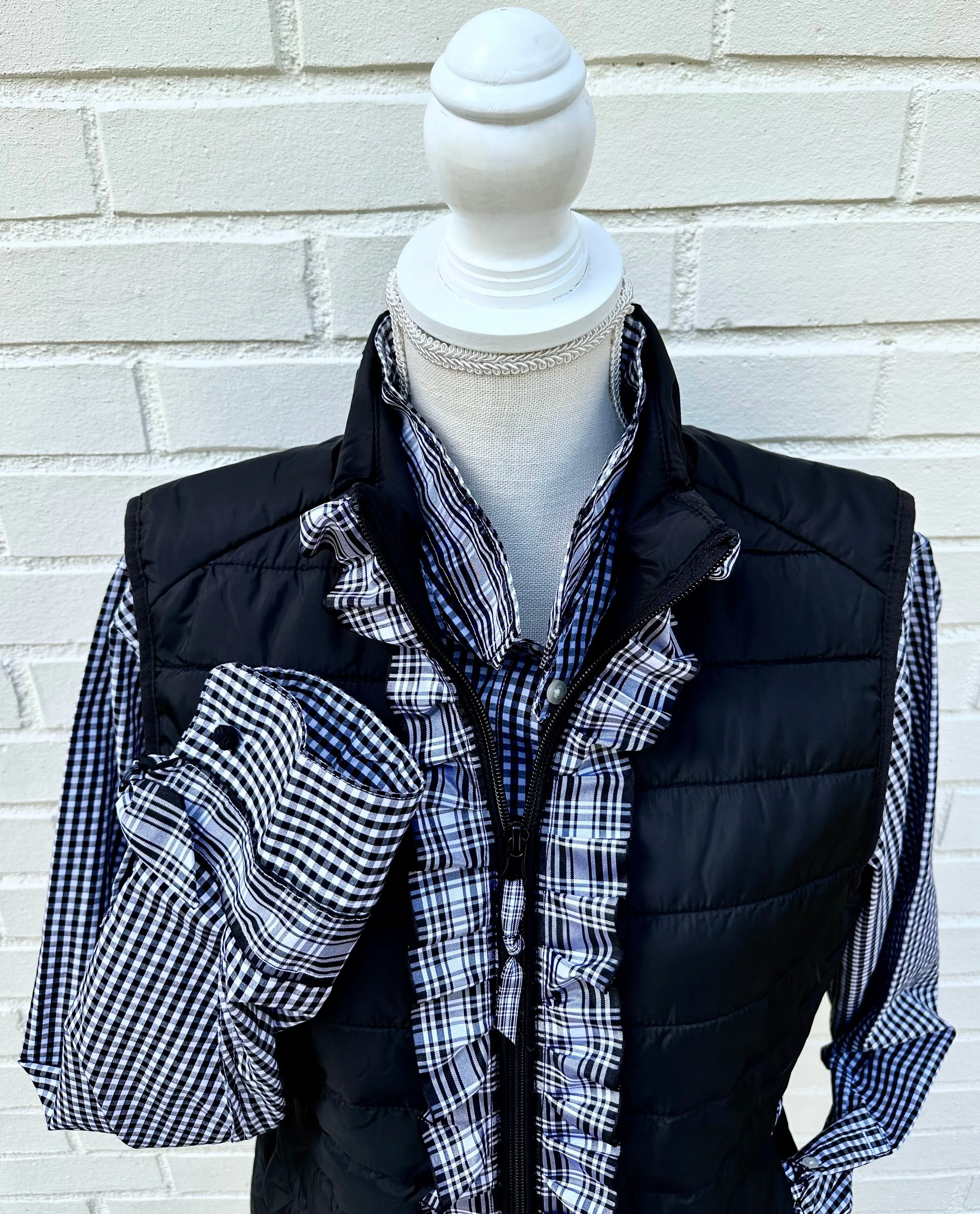 SALE - XS, S & XL ONLY - Audrey Black Gingham Ribbon French Cuff Shirt  (RFC24) *FINAL SALE*