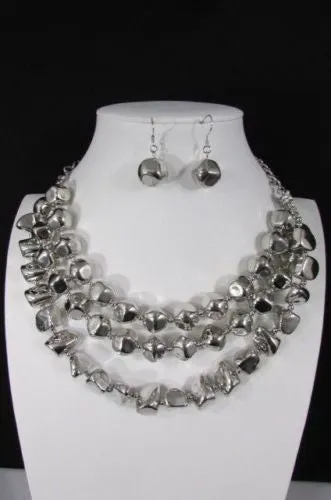Silver Chain Plastic Beads 3 Strands 20" Long Shiny Necklace Earring