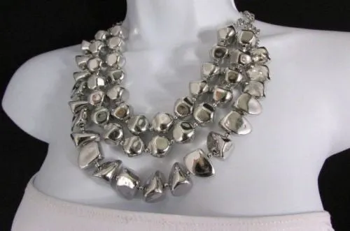 Silver Chain Plastic Beads 3 Strands 20" Long Shiny Necklace Earring