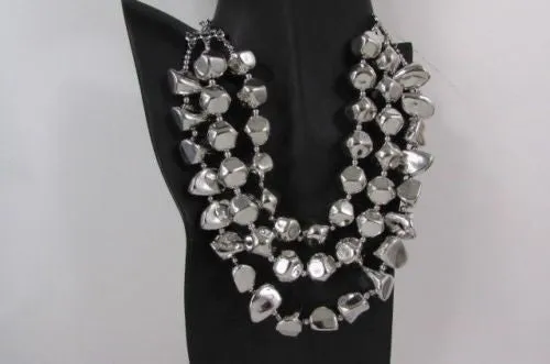 Silver Chain Plastic Beads 3 Strands 20" Long Shiny Necklace Earring