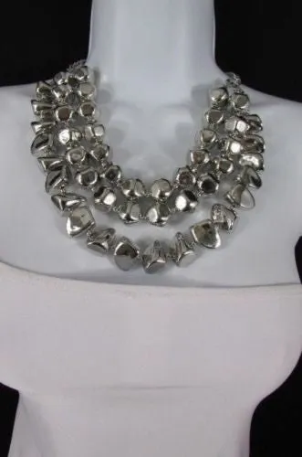 Silver Chain Plastic Beads 3 Strands 20" Long Shiny Necklace Earring