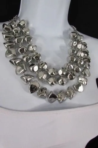 Silver Chain Plastic Beads 3 Strands 20" Long Shiny Necklace Earring