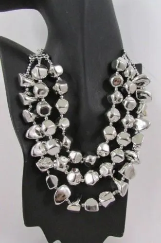 Silver Chain Plastic Beads 3 Strands 20" Long Shiny Necklace Earring