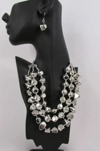 Silver Chain Plastic Beads 3 Strands 20" Long Shiny Necklace Earring