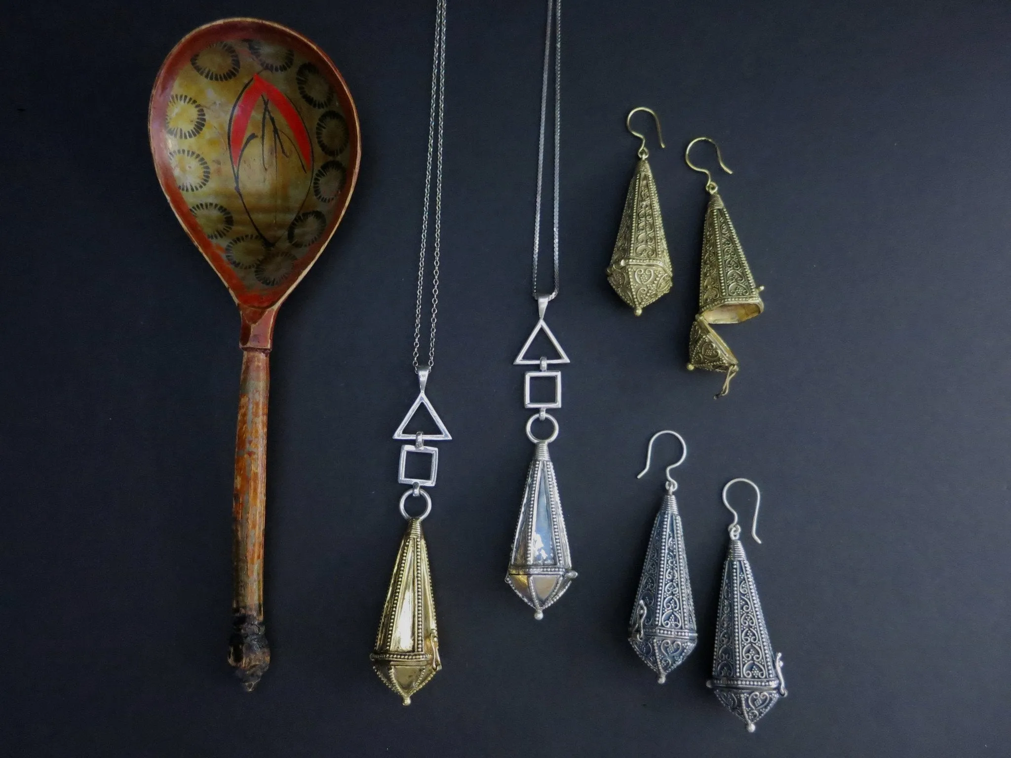 Unique, bi-metal, long amuletic pendant, in gold-plated brass and sterling silver