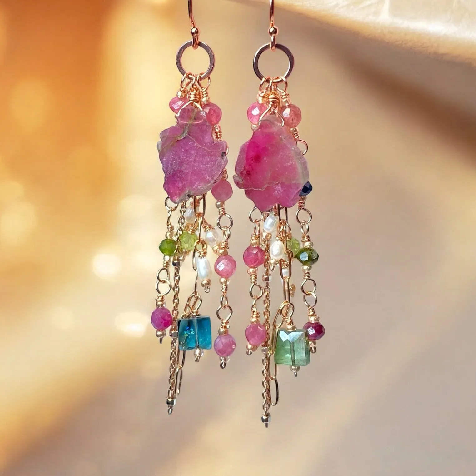 Watermelon Tourmaline Slice Rose Gold Dangle Earrings