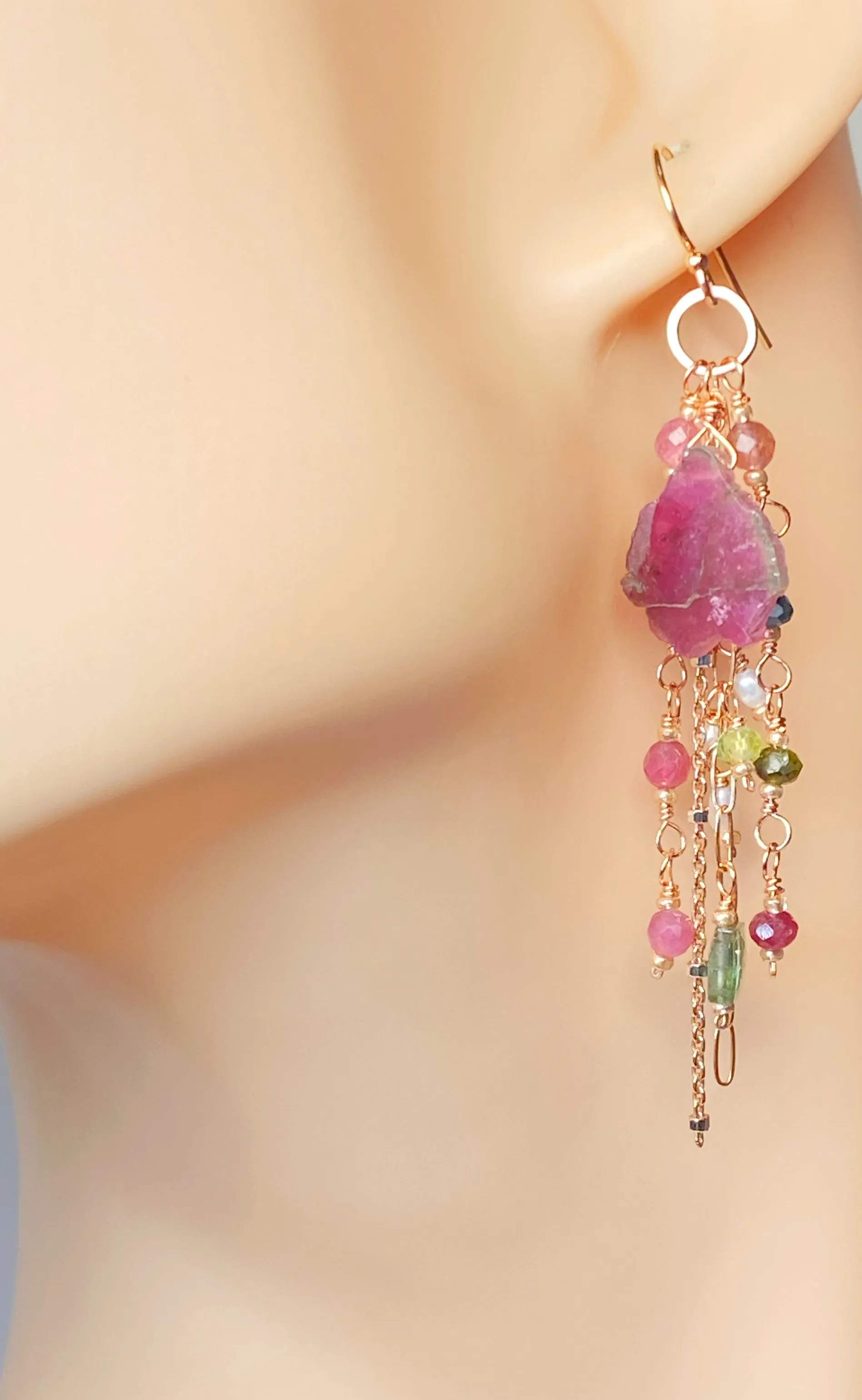 Watermelon Tourmaline Slice Rose Gold Dangle Earrings