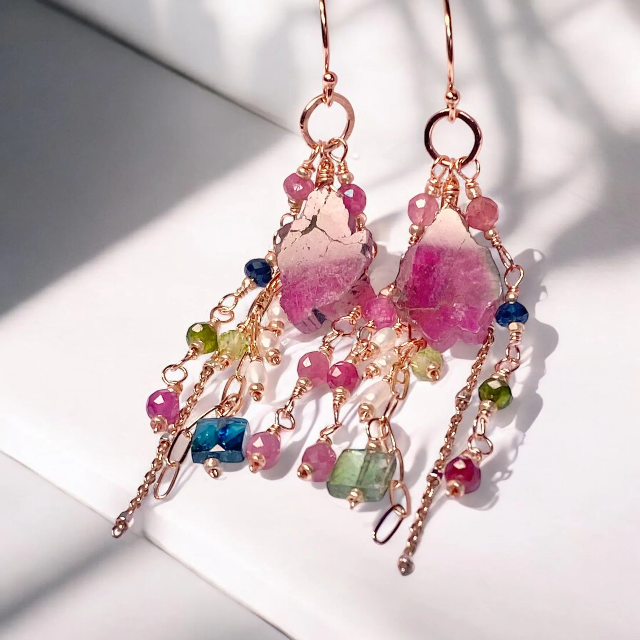 Watermelon Tourmaline Slice Rose Gold Dangle Earrings