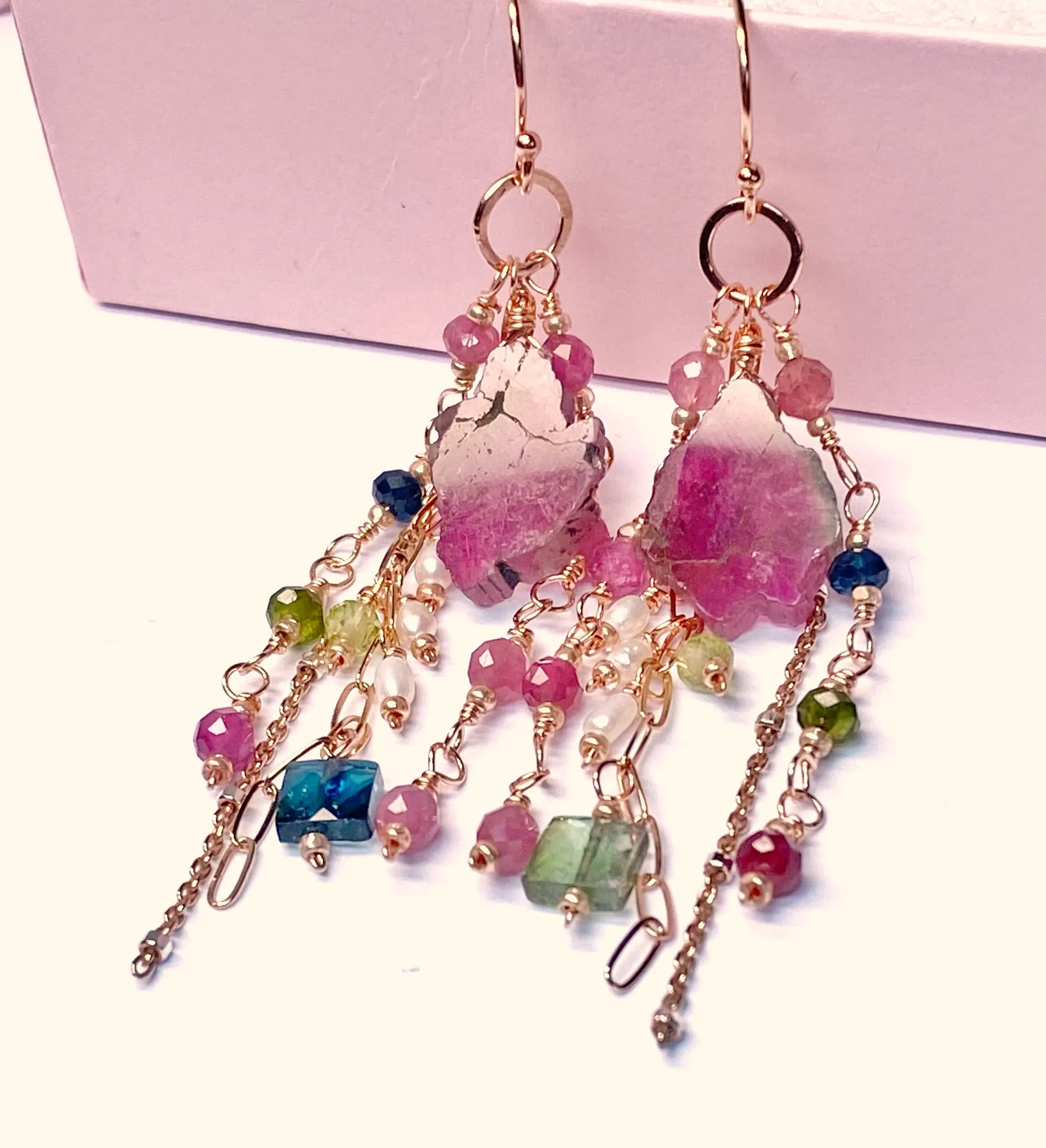 Watermelon Tourmaline Slice Rose Gold Dangle Earrings