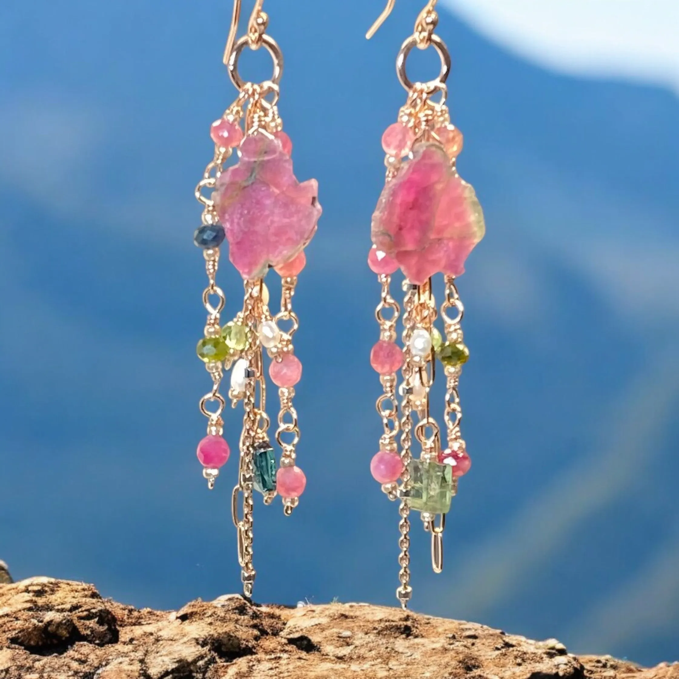 Watermelon Tourmaline Slice Rose Gold Dangle Earrings