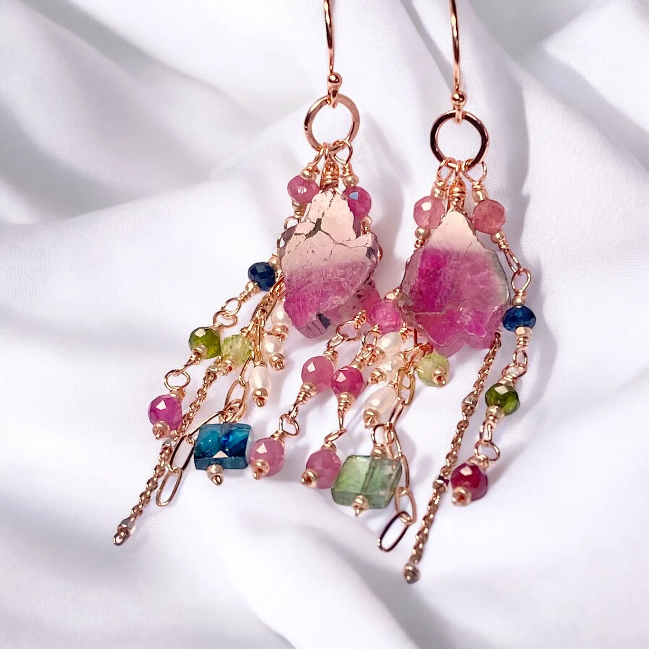 Watermelon Tourmaline Slice Rose Gold Dangle Earrings