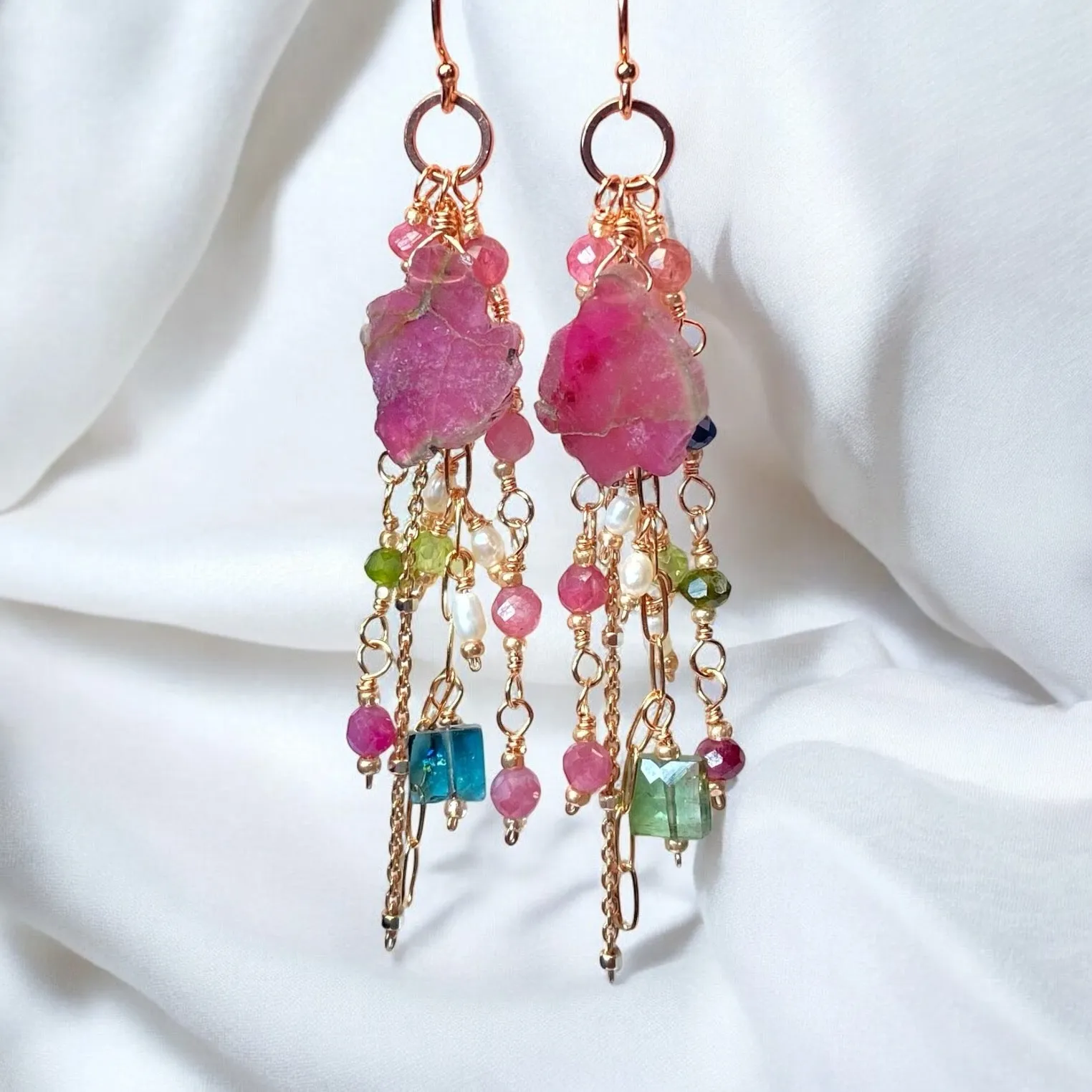 Watermelon Tourmaline Slice Rose Gold Dangle Earrings
