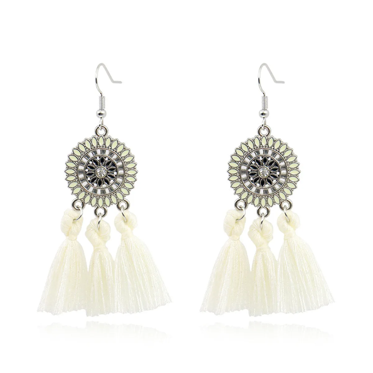 White & Cubic Zirconia Sunflower Tassel Drop Earrings